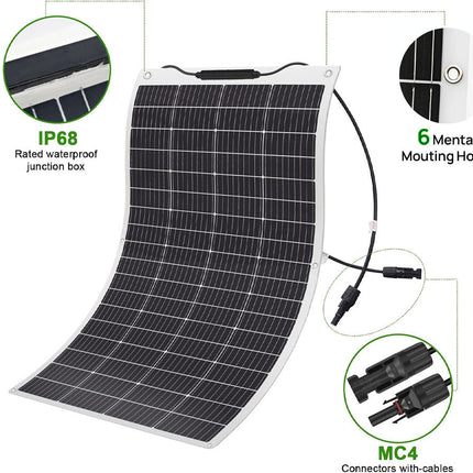A curved solar panel with attached cables shown on a white background, with three callout circles highlighting features: an IP68 waterproof junction box, 6 mounting holes, and MC4 connectors with cables.