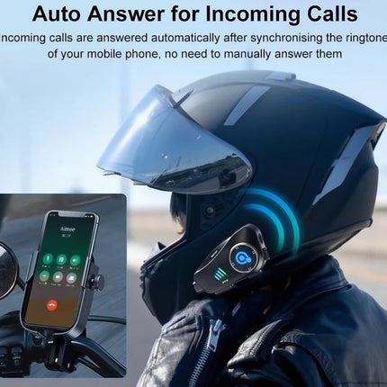 Motorcycle helmet with built-in communication device and smartphone mount on a blurred background