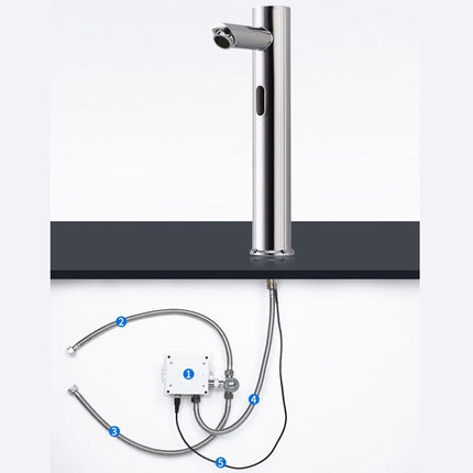 A modern vertical stainless steel undercounter faucet with a concealed plumbing system, including flexible metal hoses, a white control box with blue accents, and a black countertop, shown against a light gray background.