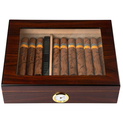 Walnut Wood Cigar Humidor Box for 35 Cigars | Hygrometer Humidifier Glass Top Storage Case