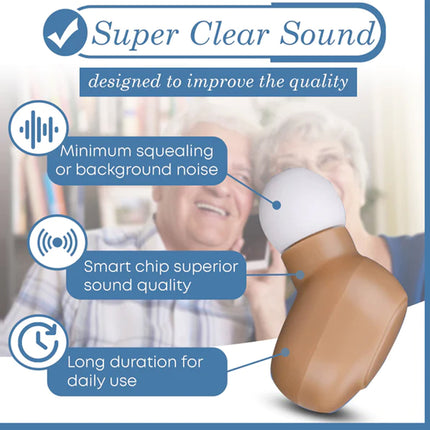 Product with features highlighted for 'Super Clear Sound' quality improvement, shown with a blurred background of two people interacting.