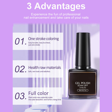 A bottle of gel nail polish on a lavender background with promotional text reading '3 Advantages' and three benefit callouts: one stroke coloring, health raw materials, and full color.