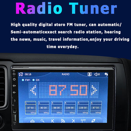 Car radio tuner display with digital screen and text about FM tuner functionality.