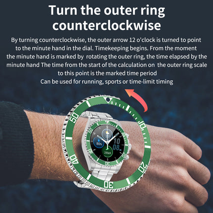 Instruction graphic showing a smartwatch being worn on a wrist with overlaid text explaining how to turn the outer ring counterclockwise for timing. The watch has a green bezel, silver case, and dark dial, with a red arrow indicating the rotation direction.