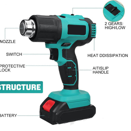 Teal heat gun with labeled parts on a white background