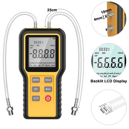 A digital air pressure gauge with two flexible tubes, shown on a white background with three circular callout insets highlighting the 25cm tube length, 10mm/4mm tube diameter, and backlit LCD display.