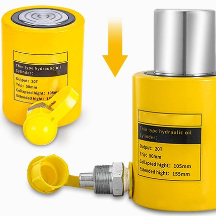 Yellow hydraulic cylinder with labeled specifications on a white background