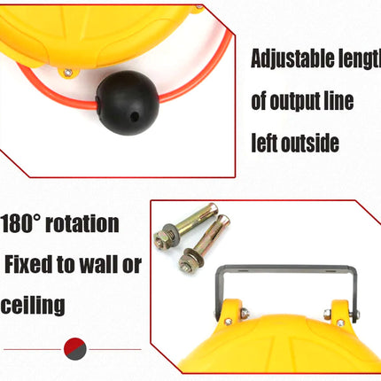 Yellow and red tool with adjustable length output line and 180-degree rotation feature on a white background.
