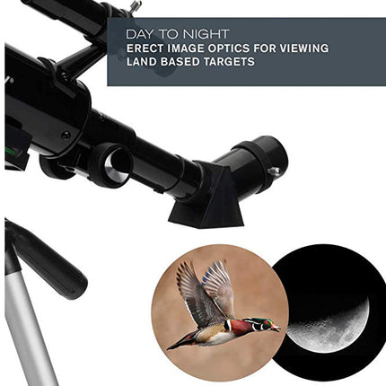 Optical device with images of a bird and moon, labeled for day to night use.