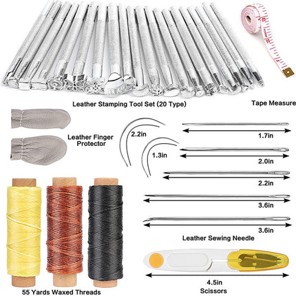 Leather crafting tool set displayed on a white background, including a 20-piece leather stamping tool set, a tape measure, leather finger protectors, multiple sewing needles with measurements, scissors, and three spools of waxed thread in yellow, copper, and black.