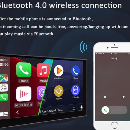 Car multimedia system with smartphone app interface and Bluetooth connection text on a dark background