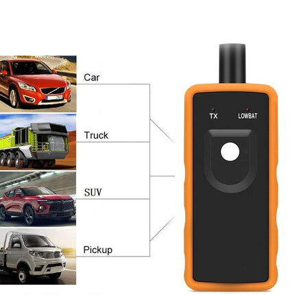 Black and orange diagnostic scanner with vehicle types on a white background