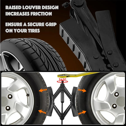 Tire lifter jack shown in a product graphic with text reading 'RAISED LOUVER DESIGN INCREASES FRICTION' and 'ENSURE A SECURE GRIP ON YOUR TIRES,' plus a lower diagram showing the jack between two tires with arrows indicating support.