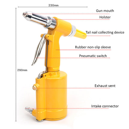 Yellow pneumatic rivet gun with labeled parts including gun mouth, holster, tail nail collecting device, rubber non-slip sleeve, pneumatic switch, exhaust vent, and intake connector on a white background.