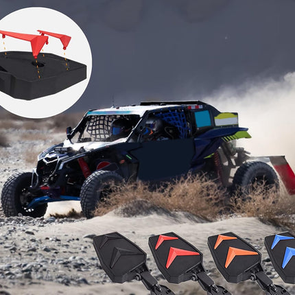 A set of four black motorcycle fuel tank covers with red, orange, and blue chevron accents, shown alongside an inset of a red winged cover and a blue/white off-road vehicle kicking up dust in a desert setting.