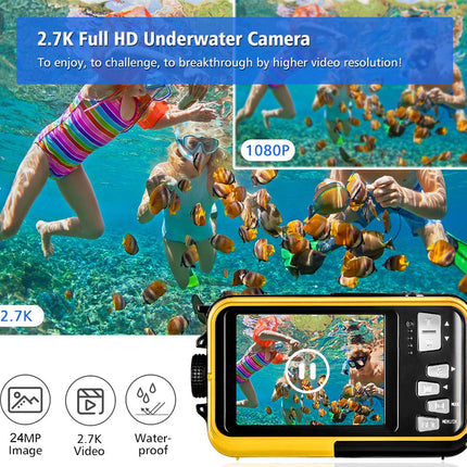 Underwater camera with 2.7K Full HD resolution displaying underwater scenes and features.