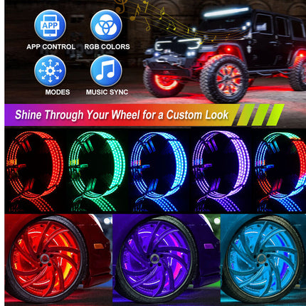 LED wheel lights with RGB color options and app control on a dark background.