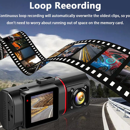Car dashboard camera with loop recording feature displayed on a road background