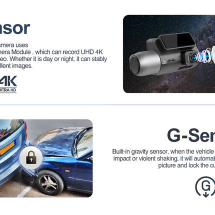 Car camera with sensor and G-sensor features on a white background