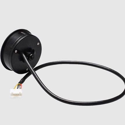A black circular electronic motor or sensor component with a long black cable and a small white multi-pin connector, shown on a plain light gray background.