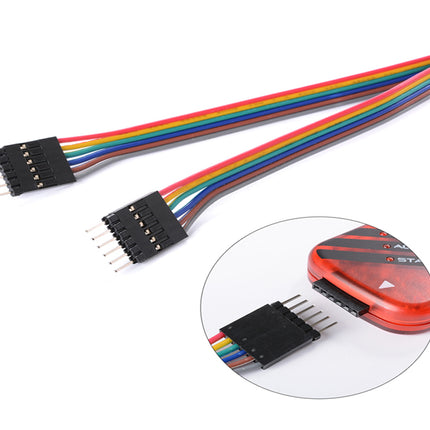 A multi-pin male-to-female ribbon cable adapter with rainbow-colored wires and black plastic connectors, shown on a white background with a circular inset demonstrating its use with an electronic module.