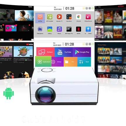 White projector with Android logo on a white background, displaying multiple app icons and streaming services.