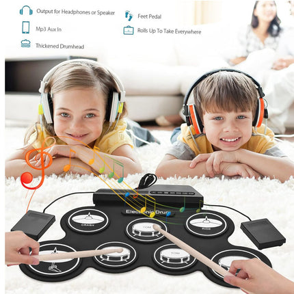 Children playing with an electronic drum set on a carpeted floor.