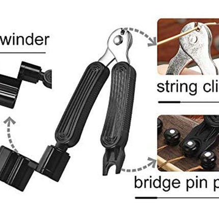 Guitar maintenance tool set with peg winder, string clipper, and bridge pin puller on a white background.