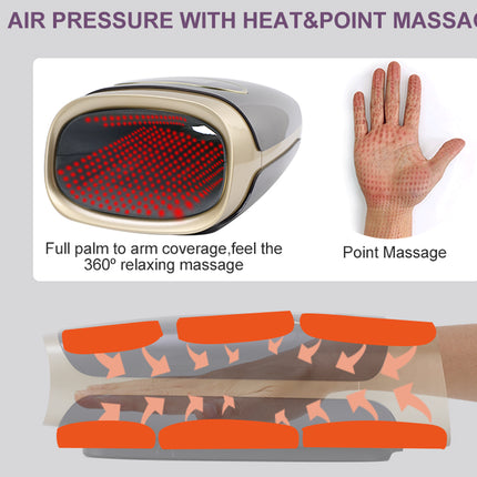Massage device with air pressure and heat point massage features on a gray background
