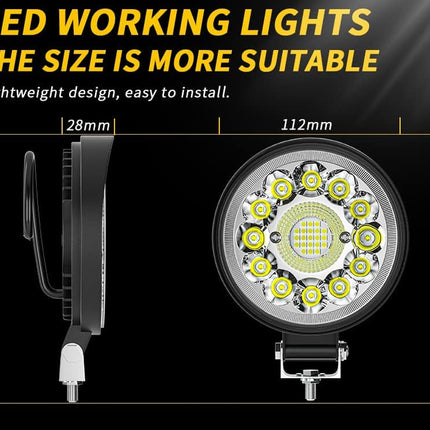 LED working light with dimensions and installation ease text on a black background