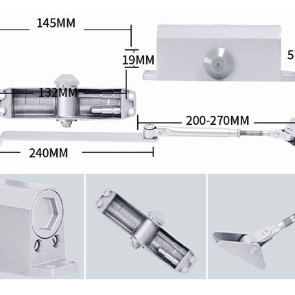 Measurement chart of a metal door handle with dimensions labeled.