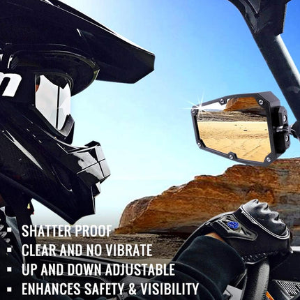 Motorcycle helmet and side mirror with desert landscape in the background