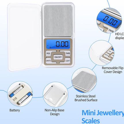 Mini jewelry scale with features highlighted on a white background