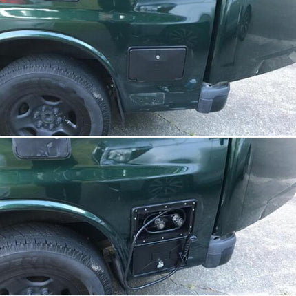 A split-screen comparison showing the side of a dark green vehicle, with the top panel showing a recessed panel and the bottom panel showing the same area with a mounted black electrical or utility box and visible wiring.