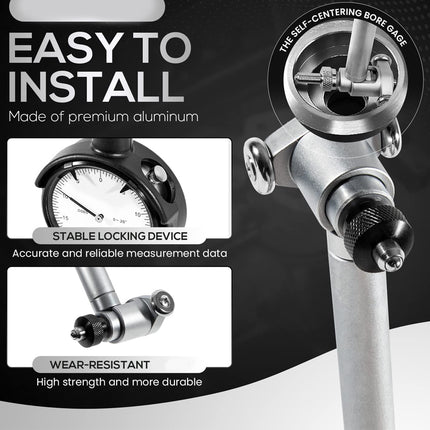 Measurement tool with packaging highlighting features like 'Easy to Install' and 'Made of premium aluminum'.