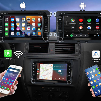 Car dashboard with three touchscreen displays and smartphone connections, featuring Apple Carplay and Android Auto logos.