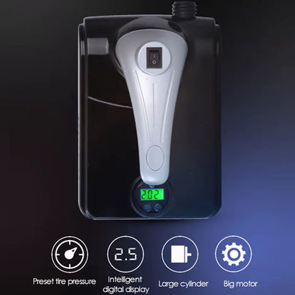 Black and silver tire inflator with digital display on a dark background