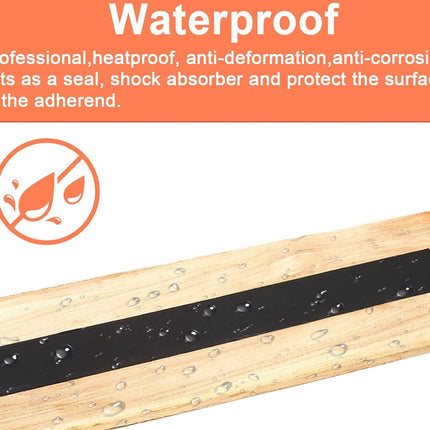 Black waterproof tape on wooden surface with text about its properties.
