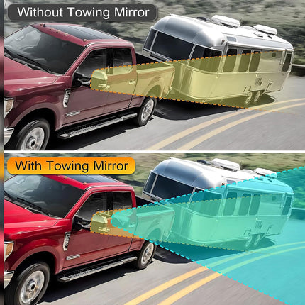 A comparison graphic showing a red pickup truck towing a silver travel trailer on a road. The top panel is labeled 'Without Towing Mirror' and shows the trailer outside the truck's side-view mirror area.