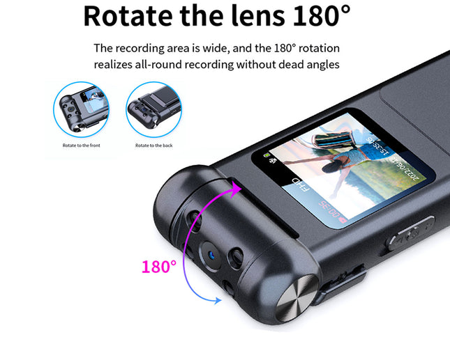 Camera with 180-degree lens rotation feature on a white background