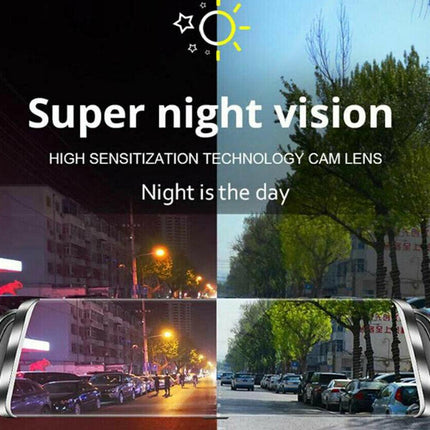 Advertisement for super night vision technology showing before and after effects on a street scene.