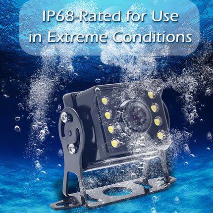 Waterproof camera with IP68 rating underwater on a blue background