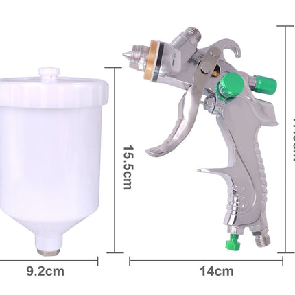 A spray paint gun and a white plastic paint cup shown on a white background with dimension labels: 15.5 cm for the cup height, 9.