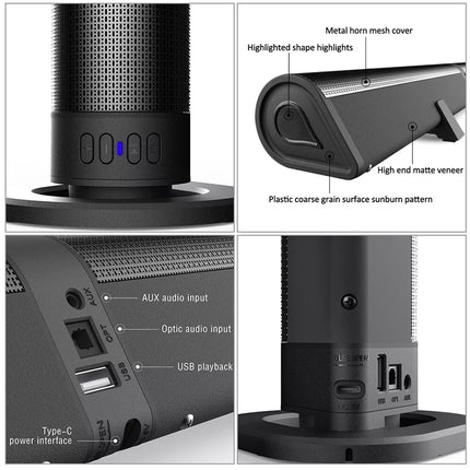 Detailed view of a black electronic device with labeled features on a white background