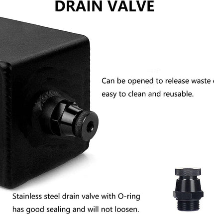 Black drain valve component shown on a white background with text describing how to open it to release waste oil and noting the stainless steel O-ring seal.