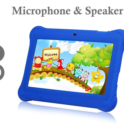 Blue children's tablet with cartoon display on a white background