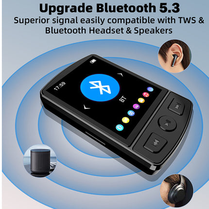 T6 Bluetooth MP3 Player New 32GB with 1.8" TFT Touch Screen, FM Radio, HD Voice Recording, Pedometer, Bluetooth v5.3, Clip-On Design