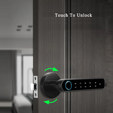 Smart door handle with digital keypad on a wooden door, labeled 'Touch To Unlock'.