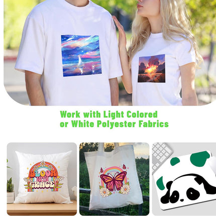 Two people wearing white t-shirts with printed designs, surrounded by various printed items on a light background.