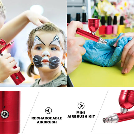 A collage showing a red mini airbrush kit in use: one panel shows an adult applying face paint to a child, another shows hands using the airbrush on a nail, and lower panels show close-ups of the red rechargeable airbrush can and the mini airbrush kit.